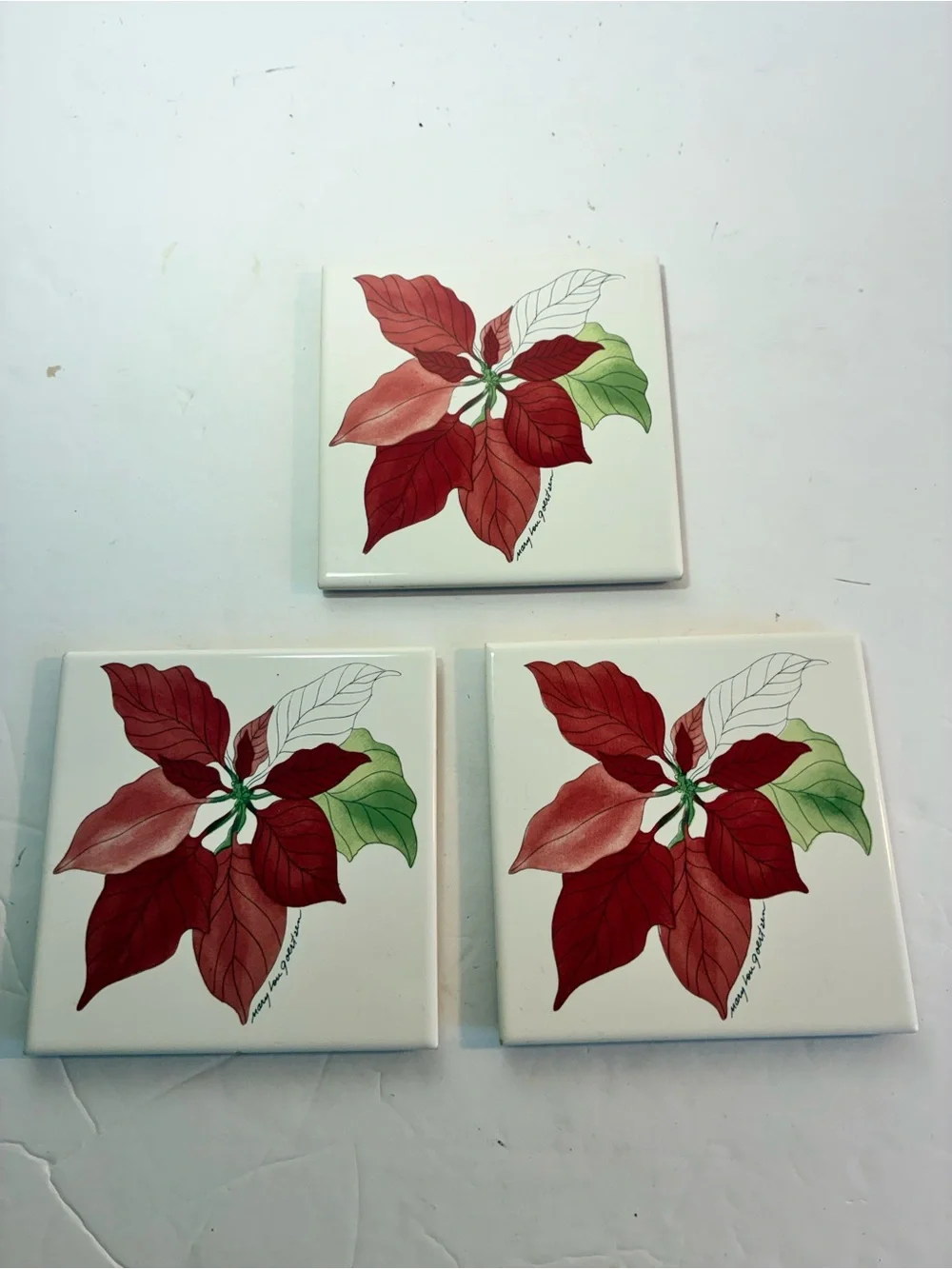 Vintage Mary Lou Goertzen Poinsettia Tile Coasters — Set of 7